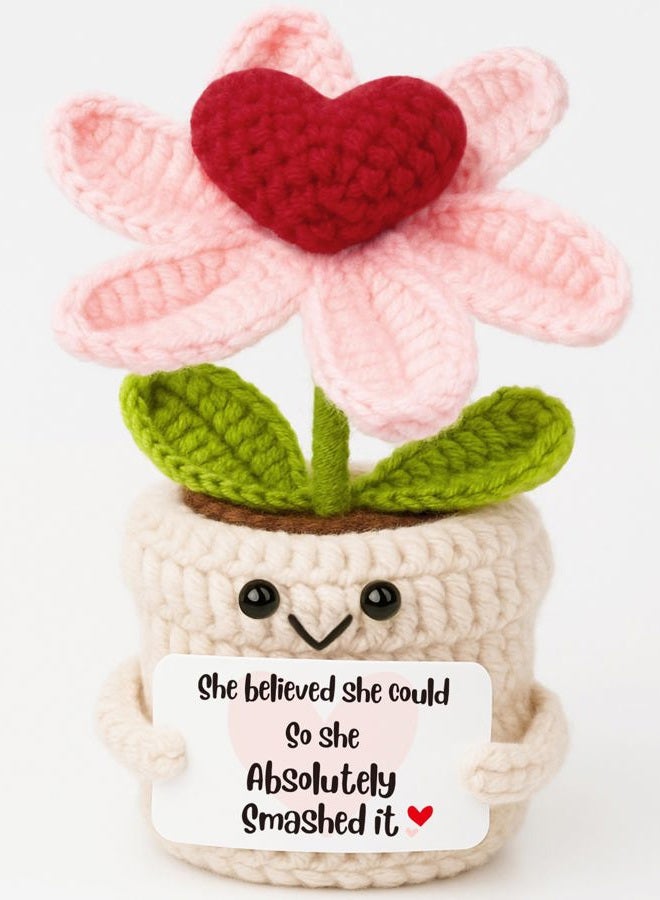 Frabaca Crochet Heart Flower Plush – Cute Desk Decor with Positive Message – Appreciation Gift for Women, Friends, Coworkers – Handmade Mini Plant for Home or Office Decoration - Image 1