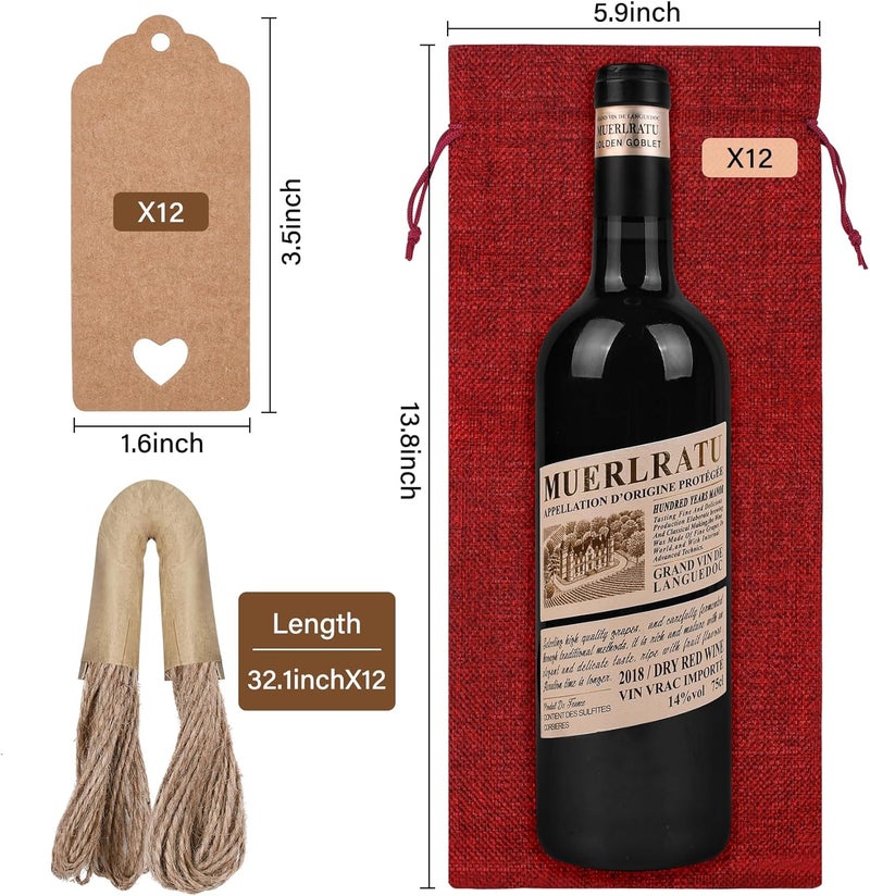 Sailup Burlap Wine Bags 12 Pcs Wine Bottle Gift Bags With Drawstrings Tags & Ropes for Christmas, Weddings, Holiday Party, Birthdays, Travel, Blind Tastings, ，Reusable Home Storage 750ml - Image 2