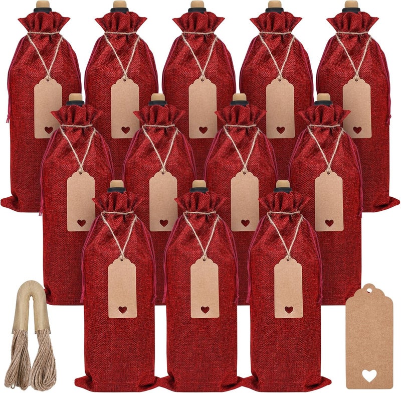 Sailup Burlap Wine Bags 12 Pcs Wine Bottle Gift Bags With Drawstrings Tags & Ropes for Christmas, Weddings, Holiday Party, Birthdays, Travel, Blind Tastings, ，Reusable Home Storage 750ml - Image 1