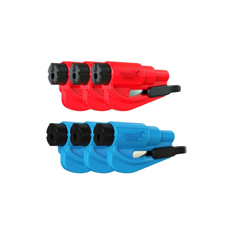 RESQME Family Pack of 6, The Original Emergency Keychain Car Escape Tool, 2-in-1 Seatbelt Cutter and Window Breaker, Made in USA, Red, Blue