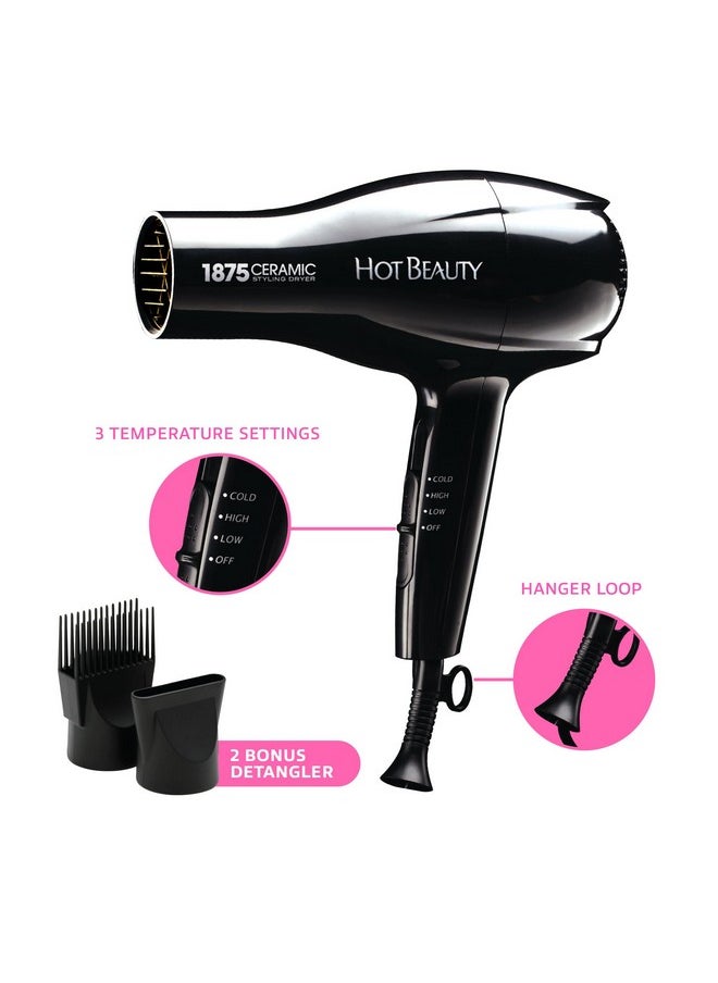 Hot Beauty - Hot Beauty 1875 Ceramic Styler Hair Styling Blow Dryer 2 Attachments Included Lightweight and Fast Dry Multi Heat Speed Setting Perfect Size for Home or Travel - Image 1