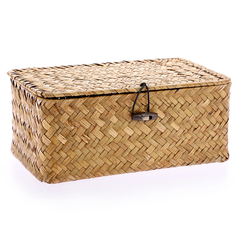 Hipiwe Wicker Shelf Baskets Bin with Lid, Handwoven Seagrass Basket Storage Bins Rectangular Household Basket Boxes for Shelf Wardrobe Home Organizer, Caramel X-Small - Image 5