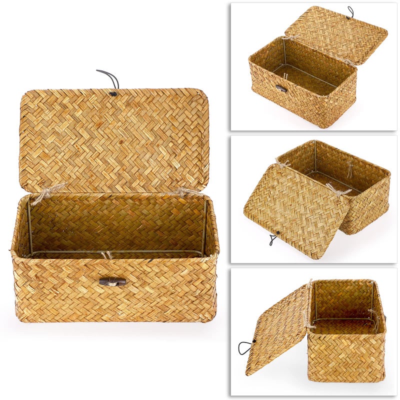 Hipiwe Wicker Shelf Baskets Bin with Lid, Handwoven Seagrass Basket Storage Bins Rectangular Household Basket Boxes for Shelf Wardrobe Home Organizer, Caramel X-Small - Image 3