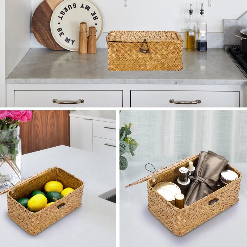 Hipiwe Wicker Shelf Baskets Bin with Lid, Handwoven Seagrass Basket Storage Bins Rectangular Household Basket Boxes for Shelf Wardrobe Home Organizer, Caramel X-Small - Image 2