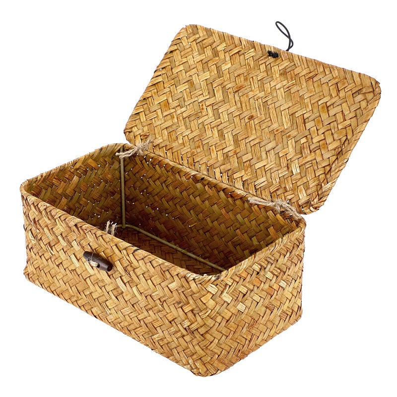 Hipiwe Wicker Shelf Baskets Bin with Lid, Handwoven Seagrass Basket Storage Bins Rectangular Household Basket Boxes for Shelf Wardrobe Home Organizer, Caramel X-Small - Image 1