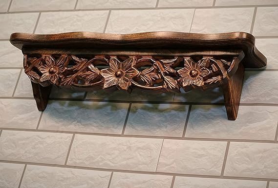 APEROL DESIGN Hand Carved Wooden Wall Dcor Shelf Mounted Bookshelf Bedroom Living Room Decoration Brown Lacquered Set of 1