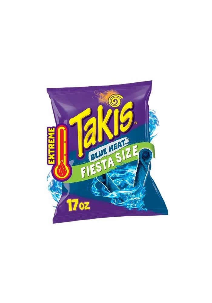 Taki's Takis Blue Heat 17 oz Fiesta Size Bag Hot Chili Pepper Flavored Extreme Spicy Rolled Tortilla Chips - Image 1
