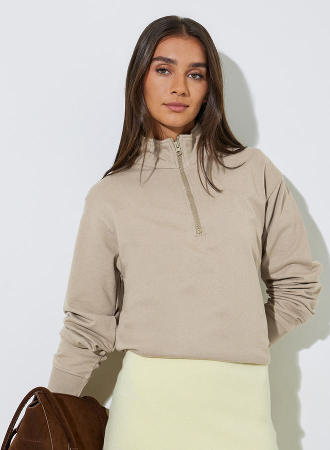 Styli Beige Solid Regular Fit Half Zip Sweatshirt - Image 1