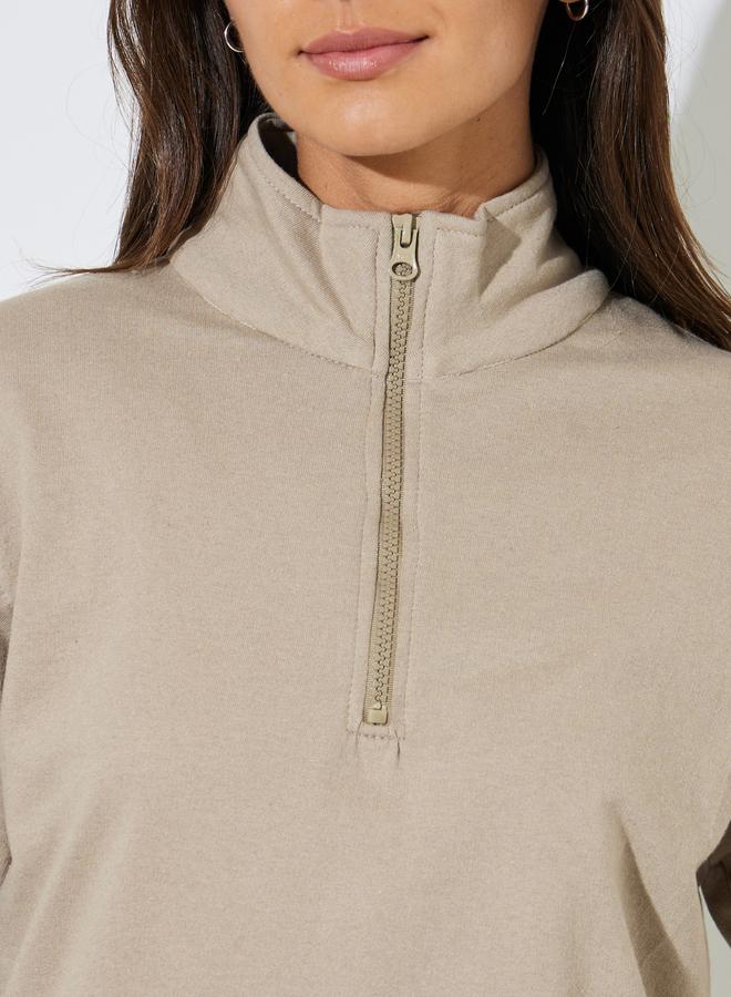 Styli Beige Solid Regular Fit Half Zip Sweatshirt - Image 3