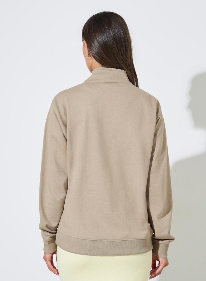 Styli Beige Solid Regular Fit Half Zip Sweatshirt - Image 4