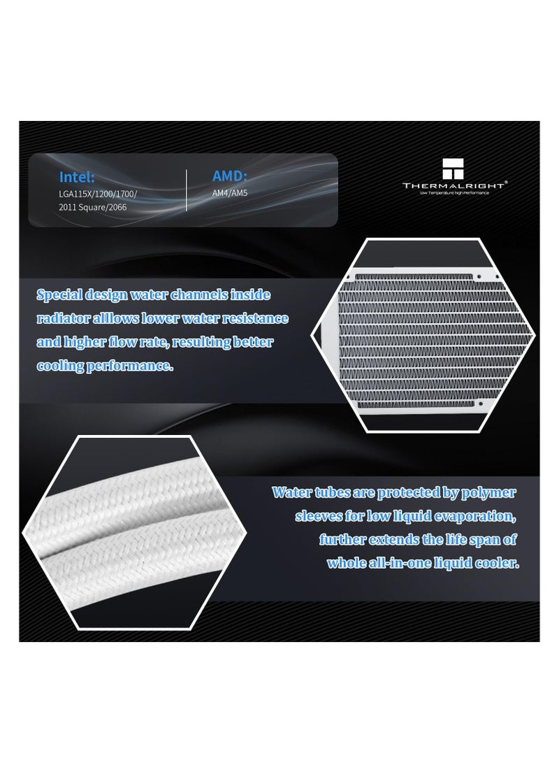 ثيرمالرايت مبرد وحدة المعالجة المركزية السائل Thermalright Aqua Elite 360 ​​White V3، حجم صف التبريد 360، 3 مراوح PWM 120 مم، محامل S-FDB، متوافق مع AMD/AM4/AM5، Intel LGA1150/1151/1155/1156/1200/2011/1700، مبرد وحدة المعالجة المركزية المكتبي AIO - Image 3