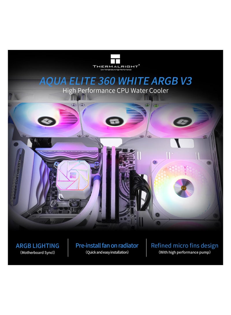 ثيرمالرايت مبرد وحدة المعالجة المركزية السائل Thermalright Aqua Elite 360 ​​White V3، حجم صف التبريد 360، 3 مراوح PWM 120 مم، محامل S-FDB، متوافق مع AMD/AM4/AM5، Intel LGA1150/1151/1155/1156/1200/2011/1700، مبرد وحدة المعالجة المركزية المكتبي AIO - Image 2