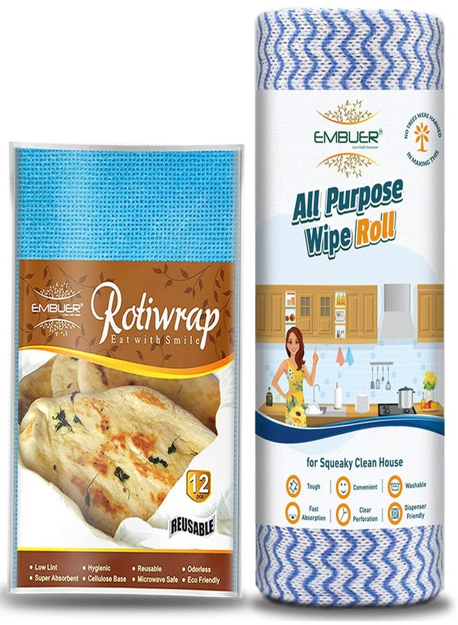 Embuer Reusable Roti Wrap - 12 Pcs (Blue) and Kitchen Cleaning Roll - 80 Pulls | Eco-Friendly, Reusable and Washable Roti Wrap and Kitchen Cleaning Rolls, Keep Food Fresh, Odourless, Hygienic - Image 1