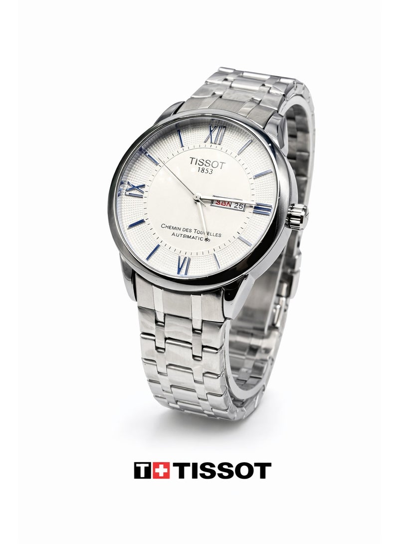تيسو ساعة رجالي أوتوماتيك Chemin Des Tourelles من الستانلس ستيل – ميناء فضي