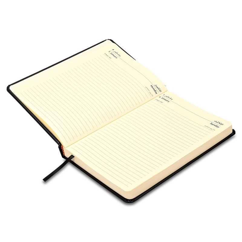 FIS مفكرة FIS 2026 A5، 148x210 مم، غلاف PU إيطالي مبطن من جانب واحد، زوايا مدورة، السبت والأحد مجتمعة، عربي/إنجليزي، ورق إيطالي عاجي 70 جرام، غلاف أسود-FSDI94AE26BK - Image 3