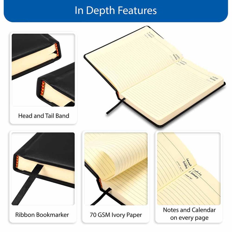 FIS مفكرة FIS 2026 A5، 148x210 مم، غلاف PU إيطالي مبطن من جانب واحد، زوايا مدورة، السبت والأحد مجتمعة، عربي/إنجليزي، ورق إيطالي عاجي 70 جرام، غلاف أسود-FSDI94AE26BK - Image 5