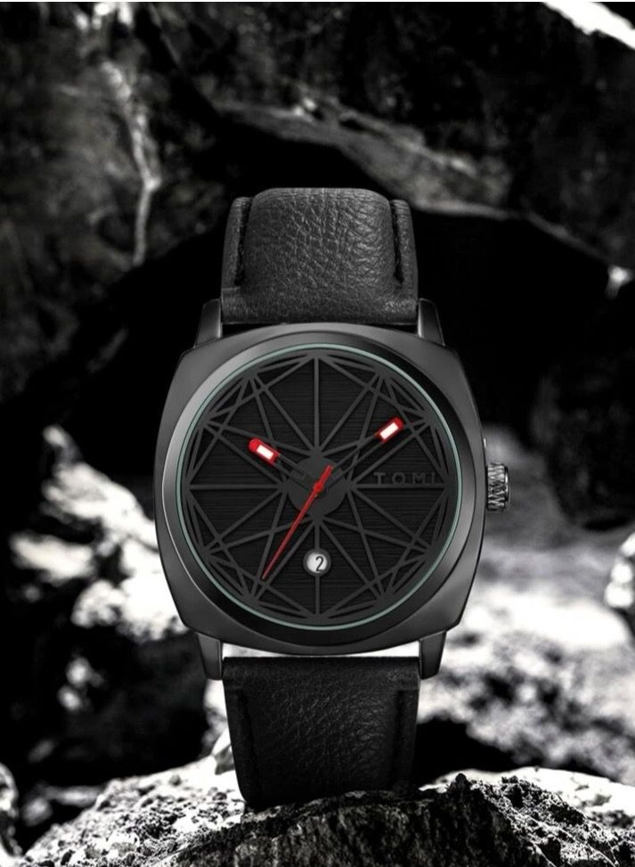 TOMI An elegant black leather watch for men and women that displays the date on a daily basis - Image 1