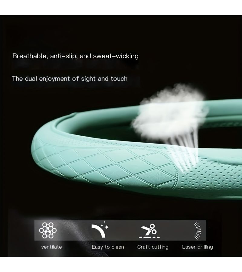 Passion Red Car Steering Wheel Cover Comfortable Faux Leather Breathable Non Slip Sweat Absorbing Diamond Pattern All Season - Image 4