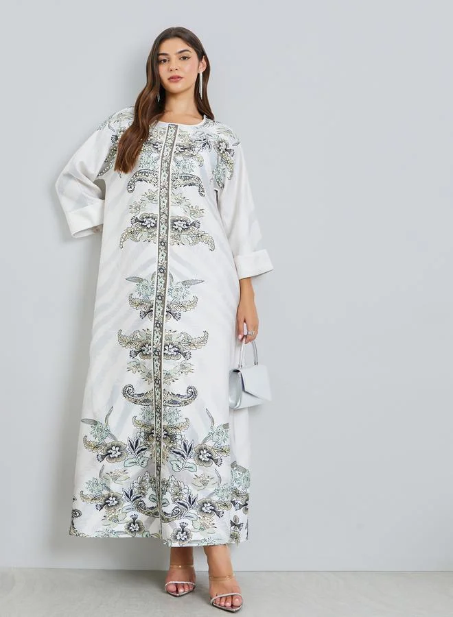 Styli Printed Rhinestone Embellished A-Line Jalabiya