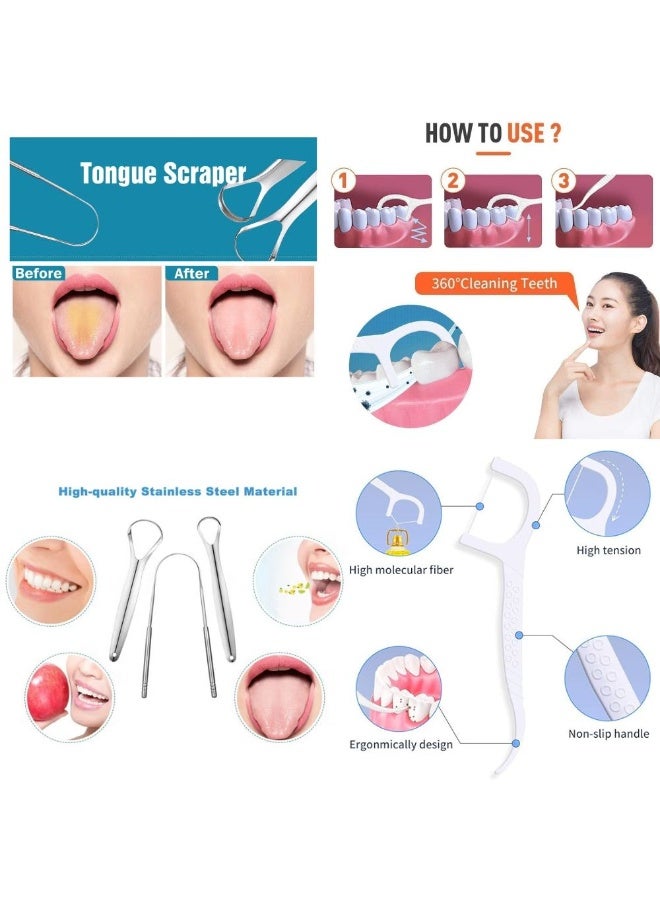 موش مجموعة موش للعناية الفموية – طقم كاشط لسان من الستانلس ستيل مع علبة + 100 عود خيط تنظيف الأسنان – نَفَس منعش، إزالة البلاك، تنظيف الأسنان، وعناية فموية متكاملة للبالغين - Image 4