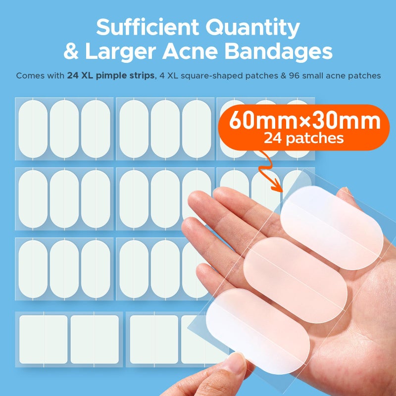TKTK Large Pimple Patches for Face, 60 x 30 mm XL Acne Patches, Big Hydrocolloid Bandages for Body, Back, Forehead, Chin, Neck Blemish Zit Breakouts (Oval, Square, Dot 5 Sizes 124 Count) - Image 2