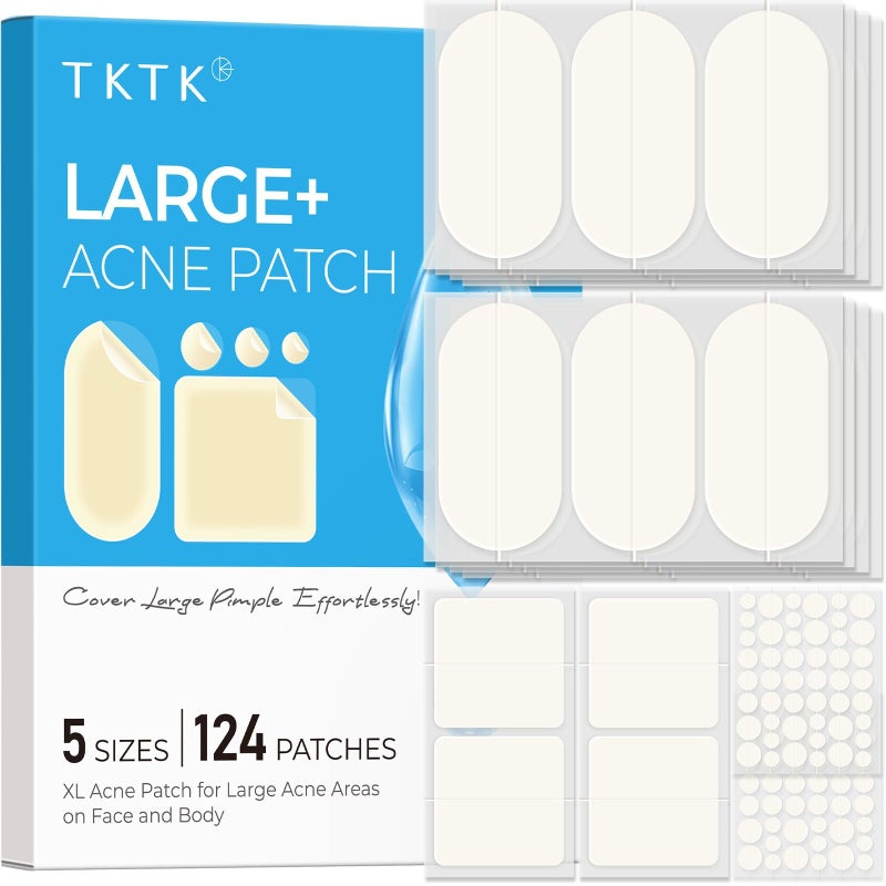 TKTK Large Pimple Patches for Face, 60 x 30 mm XL Acne Patches, Big Hydrocolloid Bandages for Body, Back, Forehead, Chin, Neck Blemish Zit Breakouts (Oval, Square, Dot 5 Sizes 124 Count) - Image 1