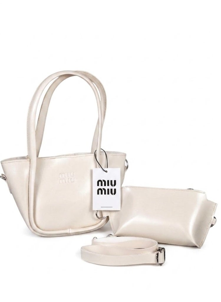 Miu Miu 2-in-1 Leather Handbag Set with Matching Pouch - Cream