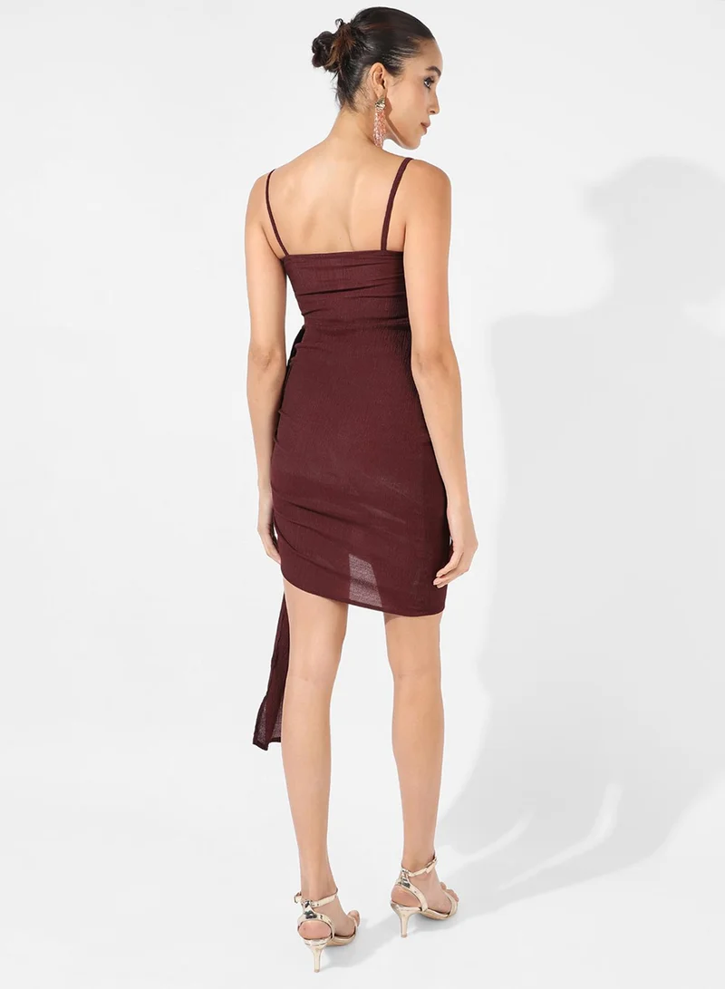 PINACOLADA Women's Solid Brown Ruched Dress With Trail For Casual Wear | Sleeveless | Mini Length | Polyester Blend | Dress Crafted With Comfort Fit For Everyday Wear