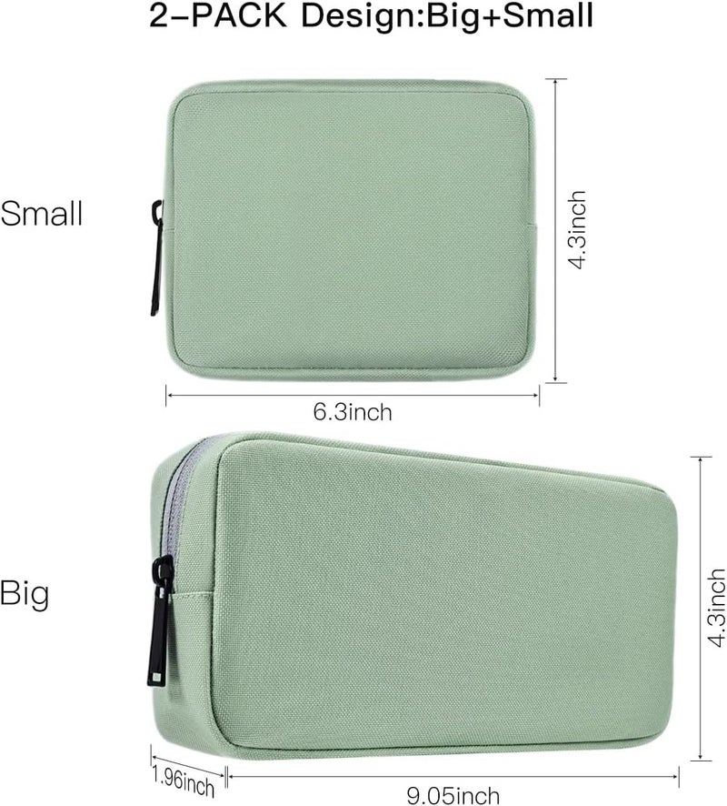 imComor Universal Electronics Accessories Case Bag, 2-Pack Portable Soft Carrying Case Bag Pouch Wire Cable Organizer for Hard Drive, Power Adapter, Laptop Mouse, Cosmetics Kit, Small+Big-Mint Green - Image 2