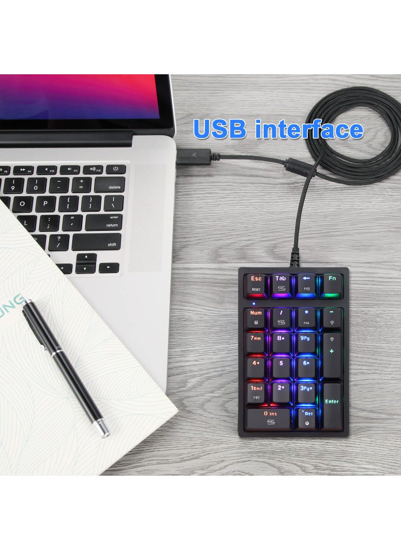 MOTOSPEED Macro Mechanical Numeric Keypad USB Wired 21 Keys Mini Numpad Portable Keypad RGB Backlight Gaming Keypad Extended Layout for Cashier(Fully Programmable Keys)