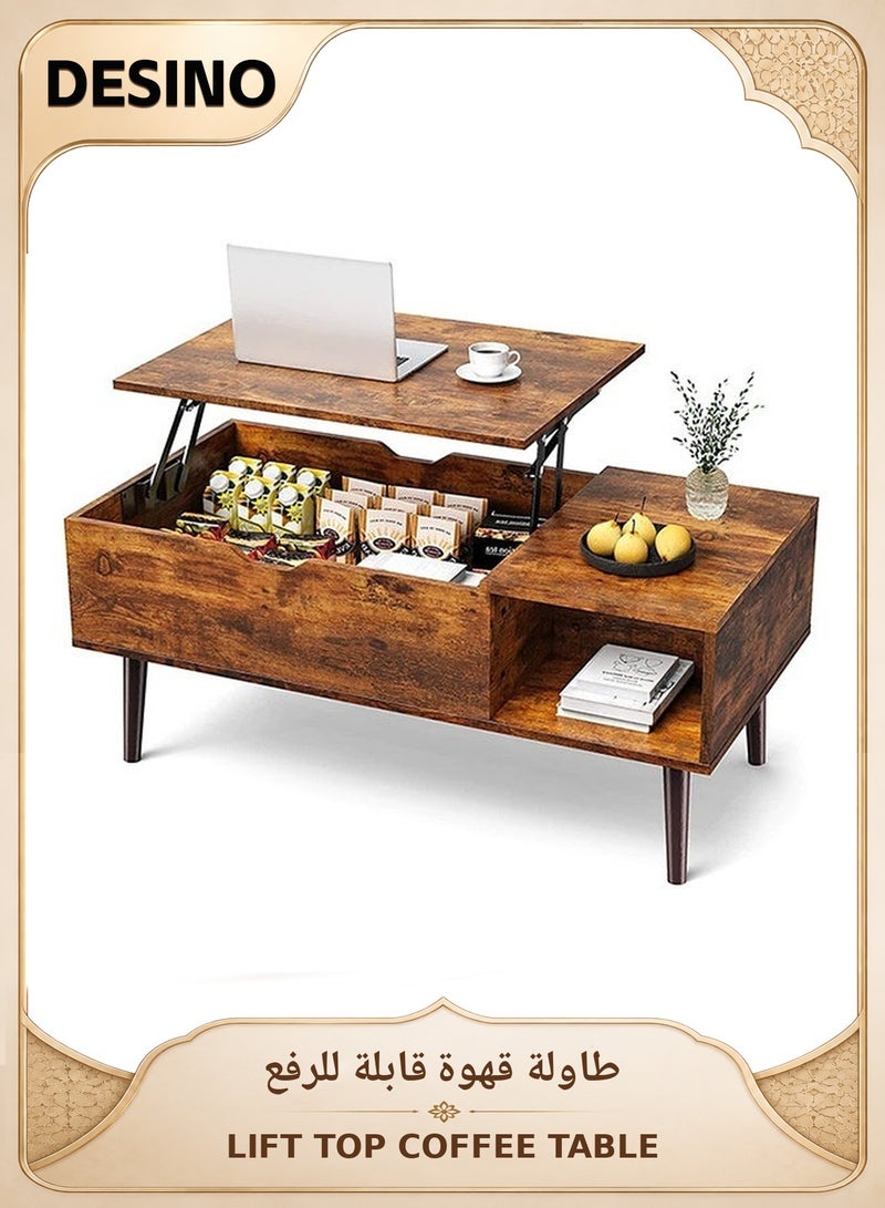 DESINO Modern Lift-Top Coffee Table with Hidden Storage & Shelf — Adjustable Wooden Center Table for Living Room & Office, Rustic Brown - Image 1