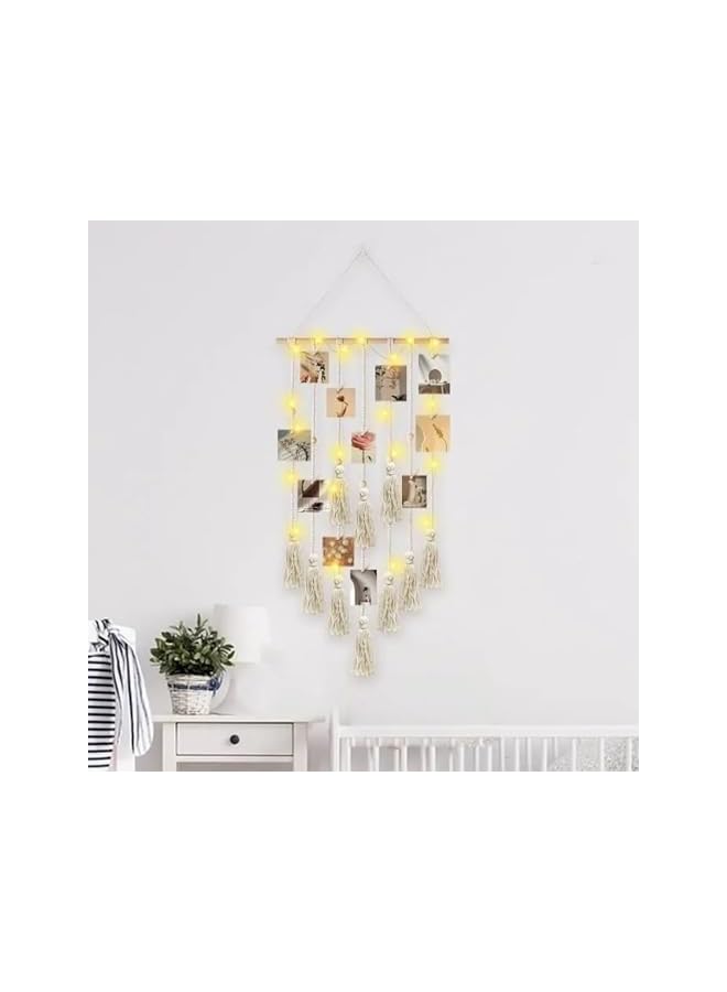 The Bros Hanging Photo Display Wall Decor, Macrame Wall Hanging Picture Organizer Boho Home Decor with LED String Light and 20 Wood Clips for Photo Collage Frame - Image 3