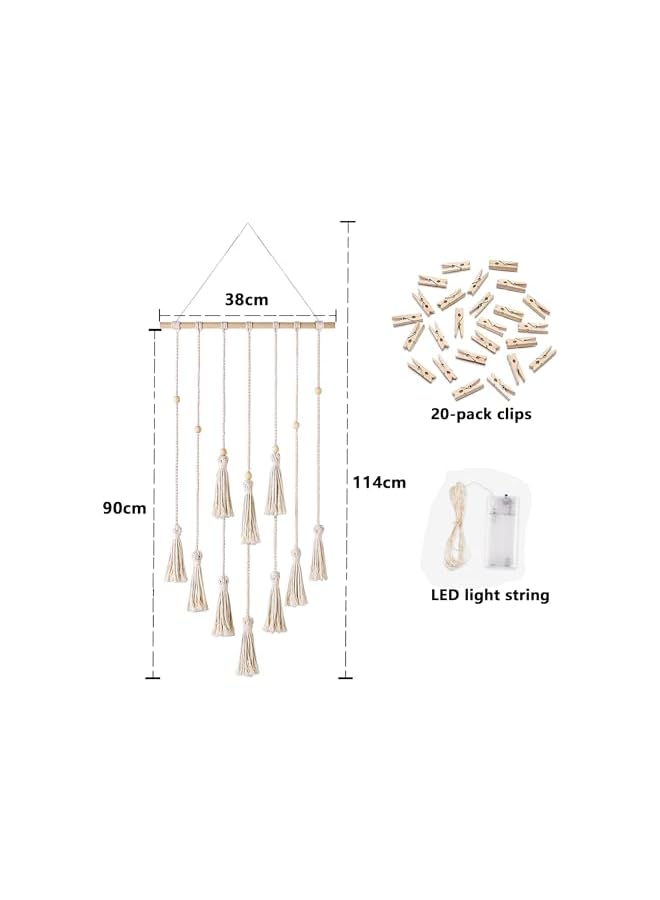 The Bros Hanging Photo Display Wall Decor, Macrame Wall Hanging Picture Organizer Boho Home Decor with LED String Light and 20 Wood Clips for Photo Collage Frame - Image 2