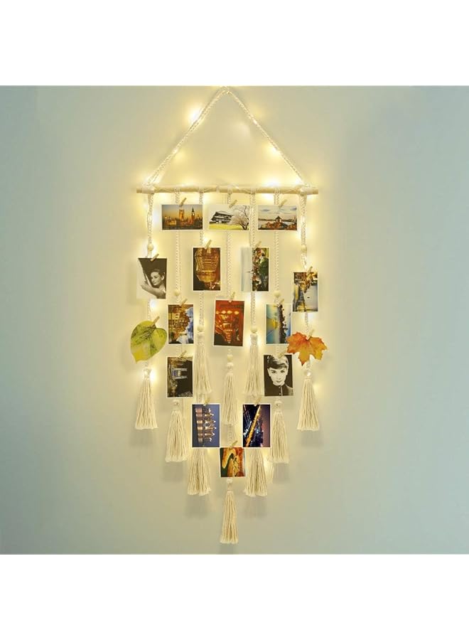 The Bros Hanging Photo Display Wall Decor, Macrame Wall Hanging Picture Organizer Boho Home Decor with LED String Light and 20 Wood Clips for Photo Collage Frame - Image 1