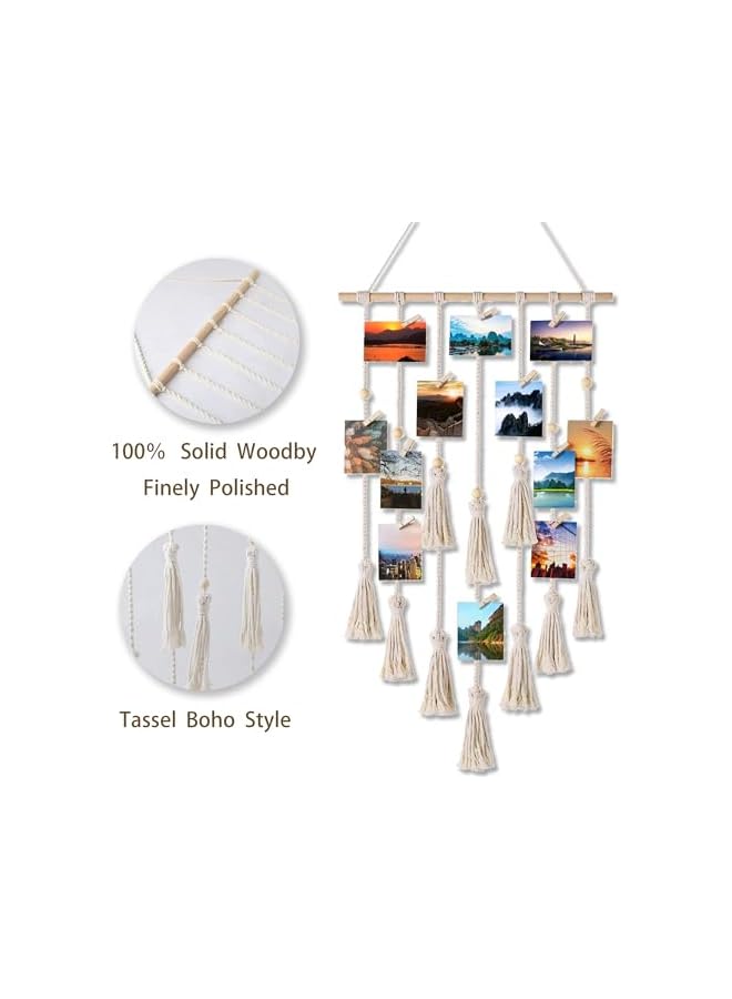 The Bros Hanging Photo Display Wall Decor, Macrame Wall Hanging Picture Organizer Boho Home Decor with LED String Light and 20 Wood Clips for Photo Collage Frame - Image 4