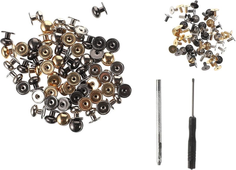 JEWEDECO 60 Sets Brass Rivet Studs with Ring Leather Fasteners Mini Rivet Screws DIY Craft Accessories Kit with Screwdriver for Leathercraft, Luggage, and Belt Repair - Image 1