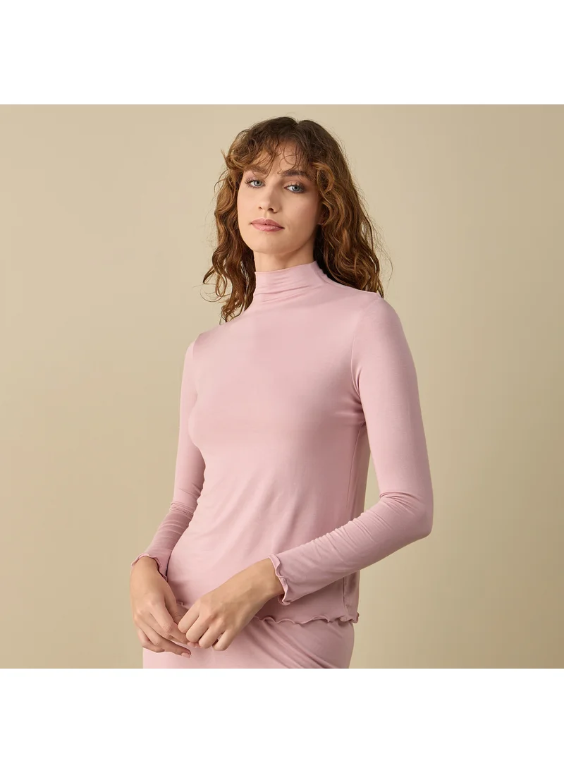 FAV High Neck Long Sleeves Top with Lettuce Hem