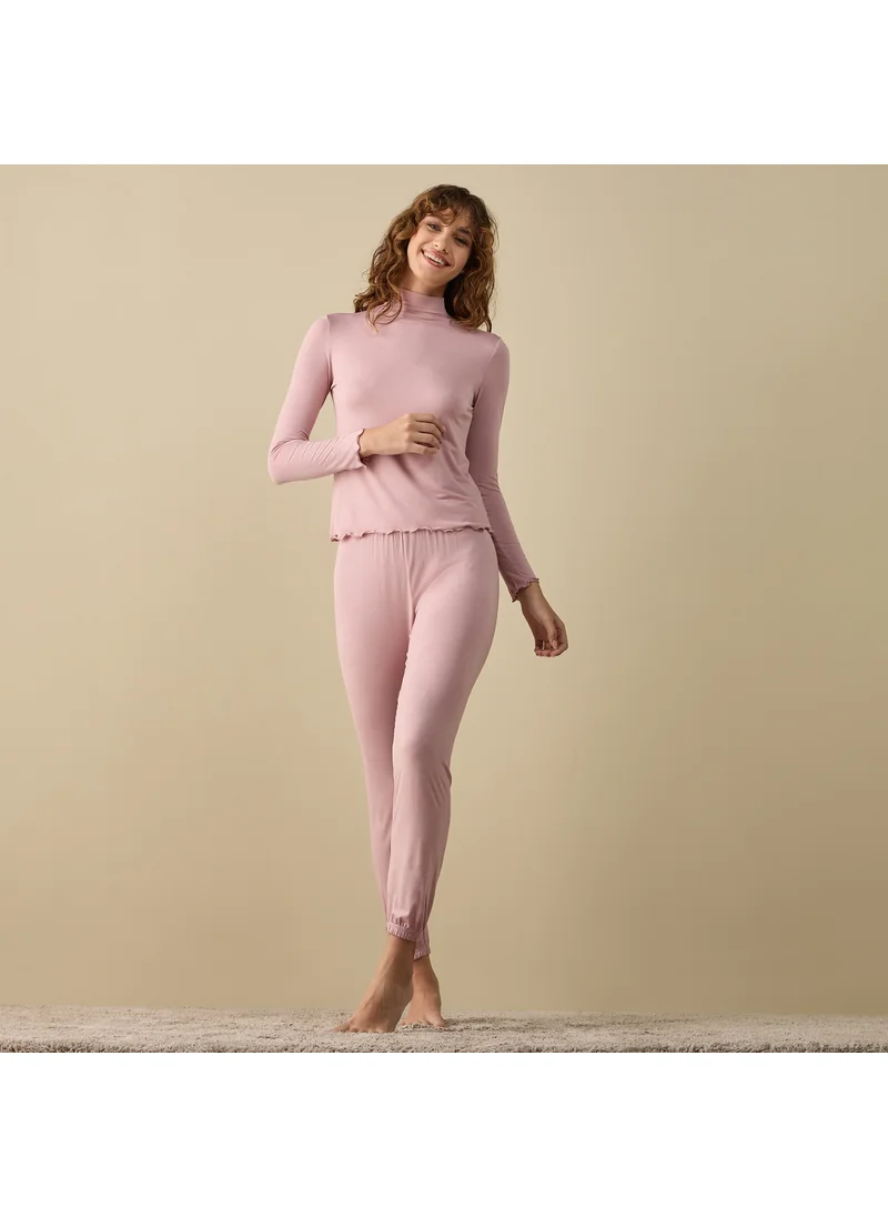 FAV High Neck Long Sleeves Top with Lettuce Hem