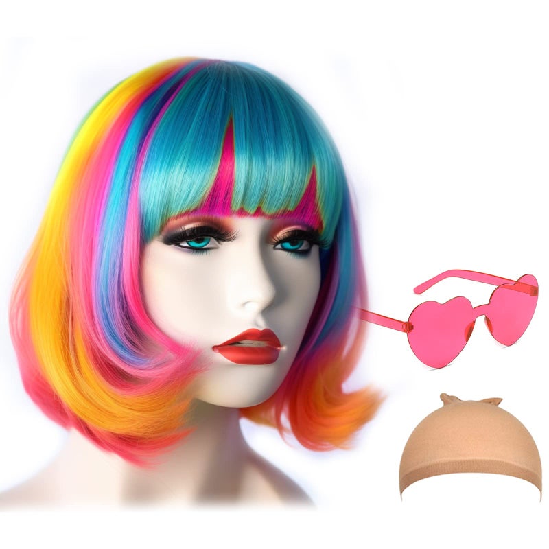 LIULIUBTY Short Bob Hair Wigs Straight with Flat Bangs Synthetic Colorful Cosplay Daily Party Neon Wig for Women + Free Wig Cap 12" Natural As Real (Mixed color) - Image 1