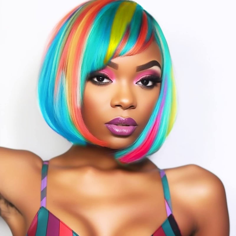 LIULIUBTY Short Bob Hair Wigs Straight with Flat Bangs Synthetic Colorful Cosplay Daily Party Neon Wig for Women + Free Wig Cap 12" Natural As Real (Mixed color) - Image 3
