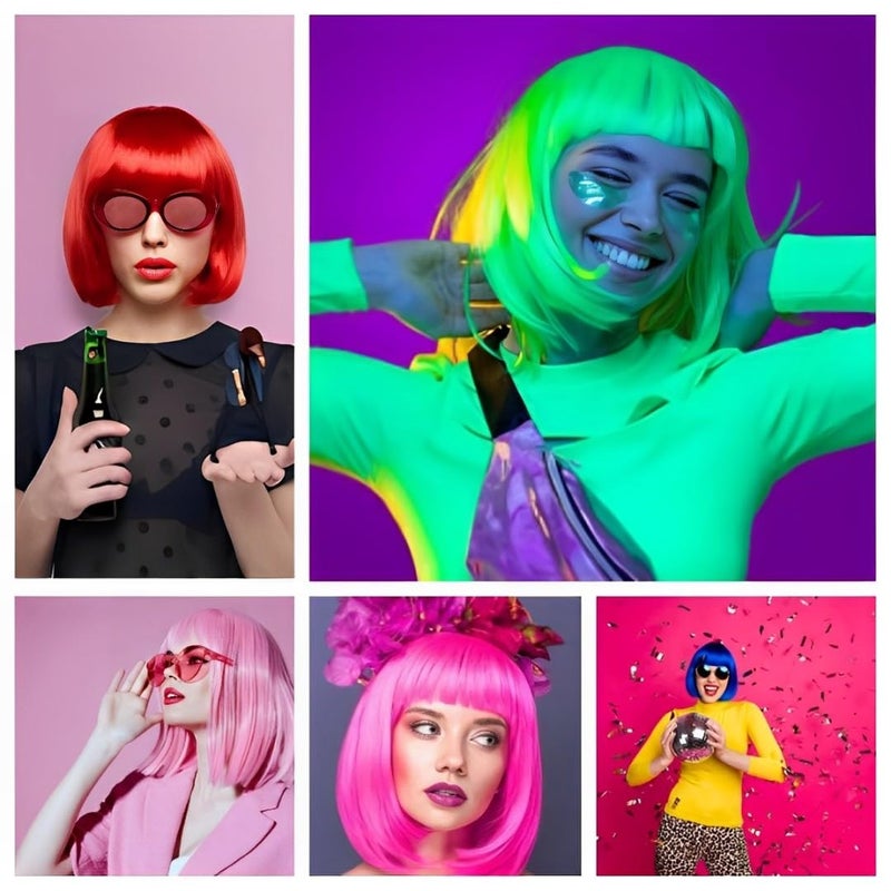 LIULIUBTY Short Bob Hair Wigs Straight with Flat Bangs Synthetic Colorful Cosplay Daily Party Neon Wig for Women + Free Wig Cap 12" Natural As Real (Mixed color) - Image 5