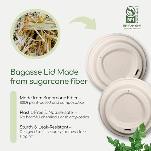 LB LIVING BALANCE Living Balance Certified Compostable Coffee Cups with Bagasse Lids 12 oz – 75 Pack Cups with Stirrers & Integrated Sleeves | Leak Proof, BPA-Free & CPLA Certified Plant-based | To-Go cup for Drinks - Image 5