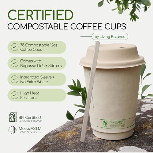 LB LIVING BALANCE Living Balance Certified Compostable Coffee Cups with Bagasse Lids 12 oz – 75 Pack Cups with Stirrers & Integrated Sleeves | Leak Proof, BPA-Free & CPLA Certified Plant-based | To-Go cup for Drinks - Image 2