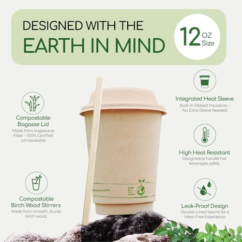 LB LIVING BALANCE Living Balance Certified Compostable Coffee Cups with Bagasse Lids 12 oz – 75 Pack Cups with Stirrers & Integrated Sleeves | Leak Proof, BPA-Free & CPLA Certified Plant-based | To-Go cup for Drinks - Image 3