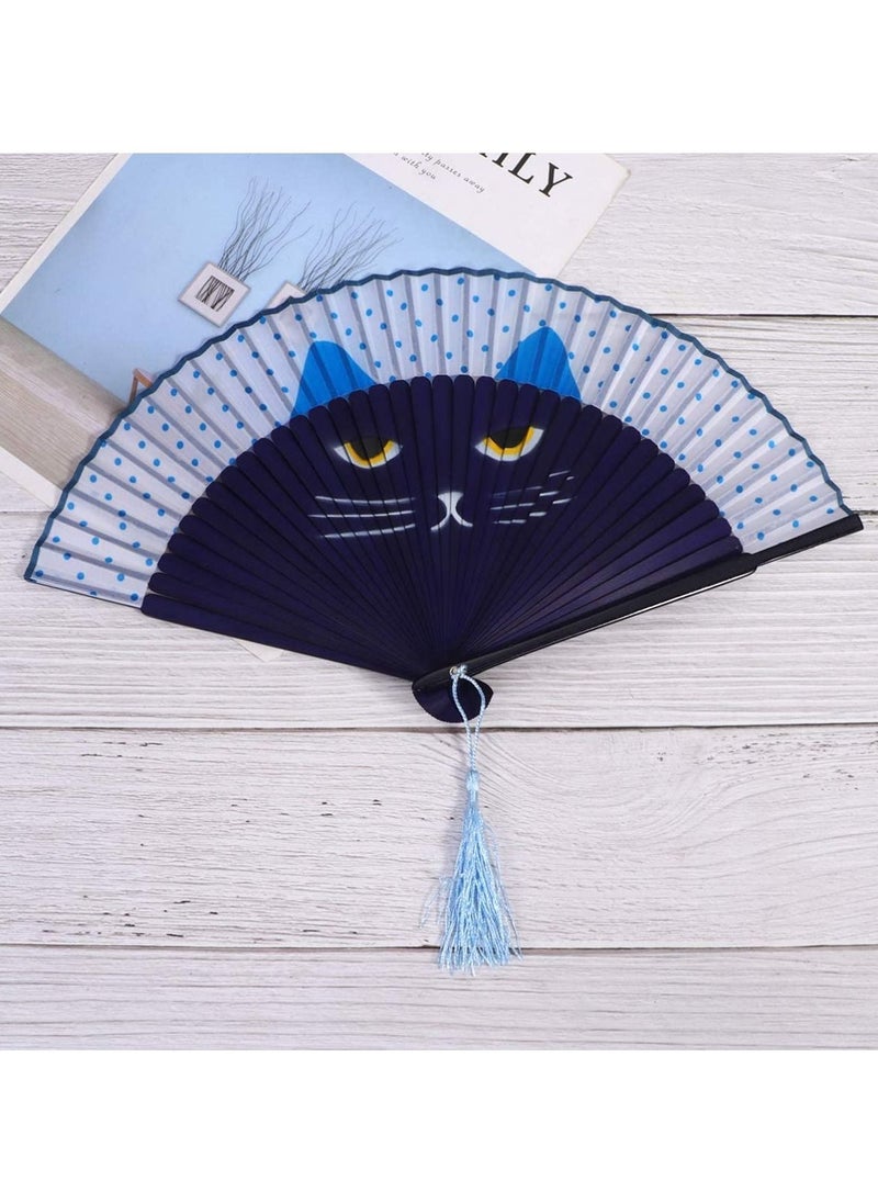 Folding Fan, Handheld Fans, Cat Cartoon Kung Fu Fan Elegant Chinese Japanese Style for Women Men, Silk Folding Fans with Bamboo Frames for Dancing Cosplay Wedding Party Props Decoration (Blue)