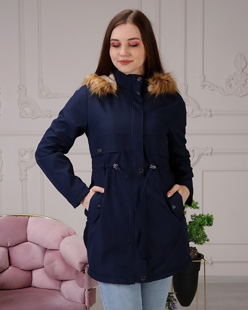 Vibeys Collection Navy Blue Fur Lined and Waterproof Plus Size Women's Winter Coat & Jacket - Image 1