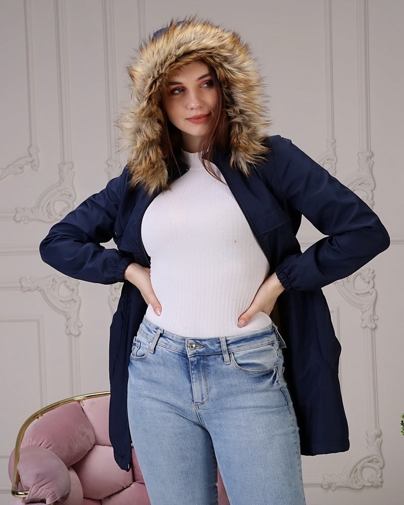 Vibeys Collection Navy Blue Fur Lined and Waterproof Plus Size Women's Winter Coat & Jacket - Image 4
