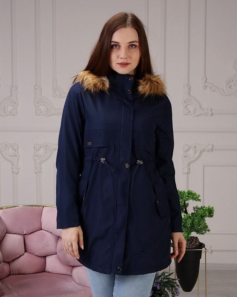 Vibeys Collection Navy Blue Fur Lined and Waterproof Plus Size Women's Winter Coat & Jacket - Image 3