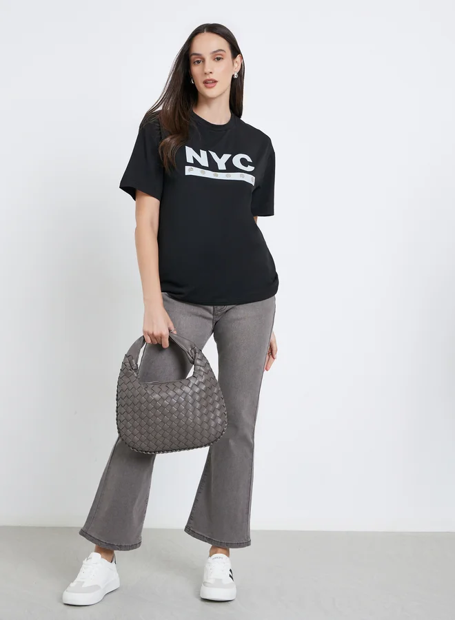ستايلي Styli Women Black NYC Print Stud Oversized T-Shirt