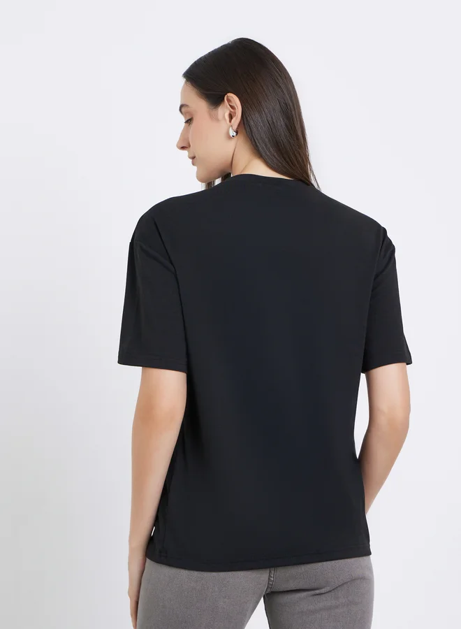 Styli Styli Women Black NYC Print Stud Oversized T-Shirt